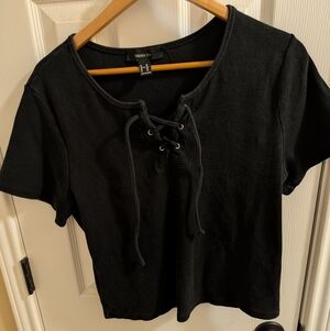Forever 21+ black ribbed short-sleeve lace-up crop top